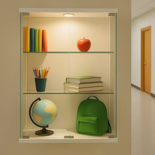 White Wall Mounted Double Door Display Cabinet with 2 Adjustable Shelves and LED Spotlight - 600mm Wide