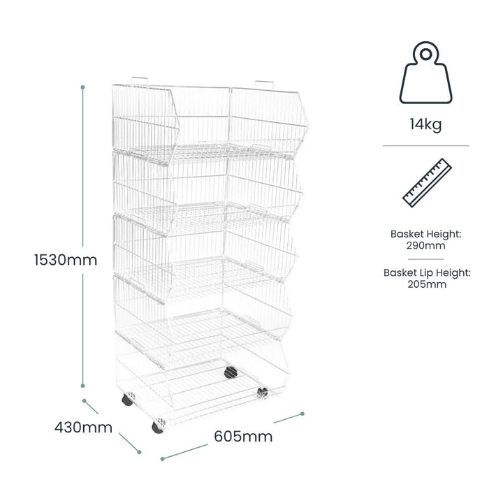 white-metal-wire-basket-display-stand-with-multiple-angled-baskets-on-wheels-1530mm-height-605mm-width-430mm-depth-14kg-weight-for-retail-merchandising