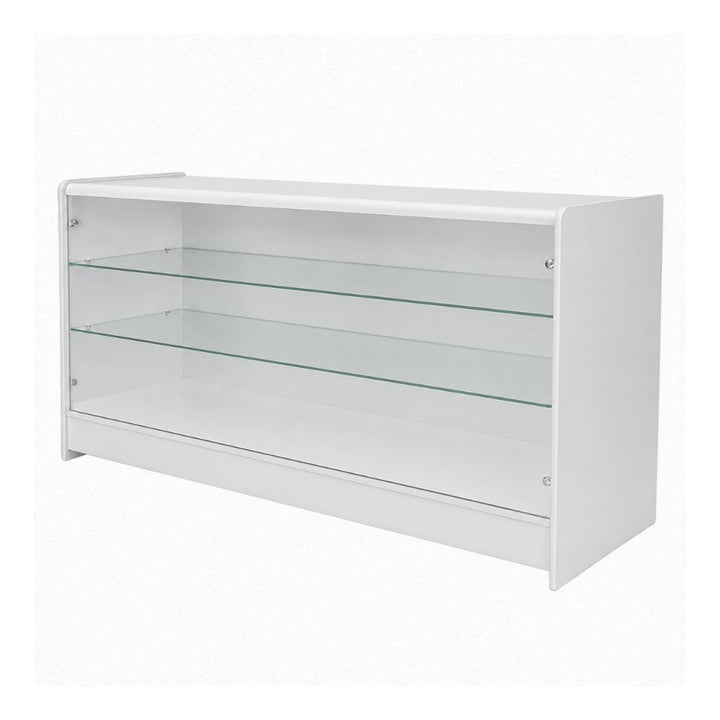 Three-quarter view of a white wood and glass retail counter with clear display frontage, side glazing and internal shelving, offering a professional shop counter solution for displaying high-value merchandise, boutique products and customer-facing retail ranges.