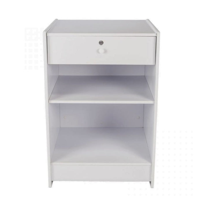 Front view of a compact white wooden retail till block with open storage shelves, a lockable drawer and space for point-of-sale equipment, suitable for shop tills, checkout counters, customer service desks, kiosks and retail payment areas.