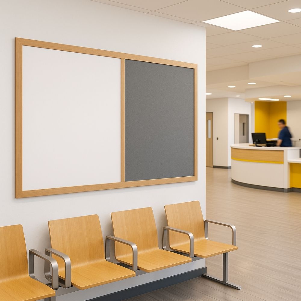 Dual whiteboard and grey felt noticeboard with oak wood frame mounted in a modern hospital waiting room, shown above light wood and metal seating near a reception desk area.

