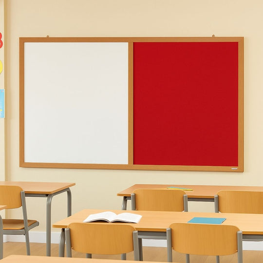Eco-Friendly Combination Red Felt Noticeboard with Whiteboard and Wood Effect Frame  - 1800 x 1200mm