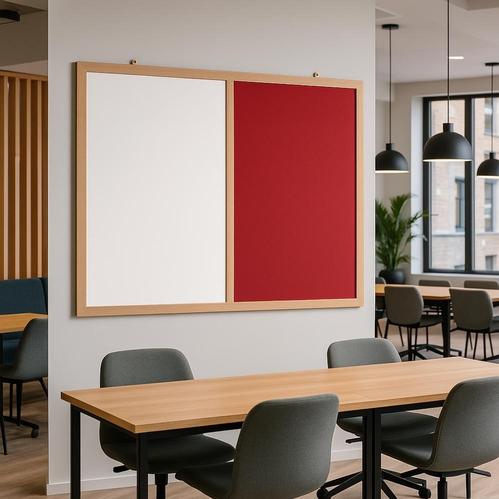 Contemporary dual whiteboard and red felt noticeboard framed in oak wood, wall-mounted in a stylish office breakout space with natural lighting and modern furnishings.

