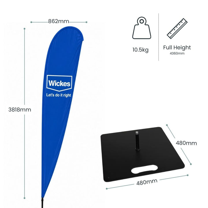 Specification image showing Wickes feather flag dimensions with ground spike base and full 4360mm display height.