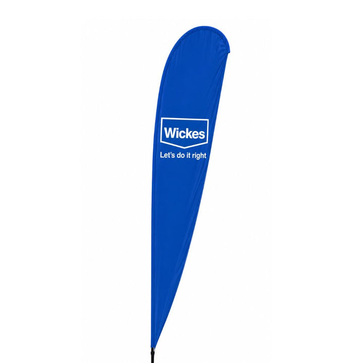 Blue Wickes promotional feather banner featuring the Let’s do it right slogan for retail branding, outdoor advertising and events.