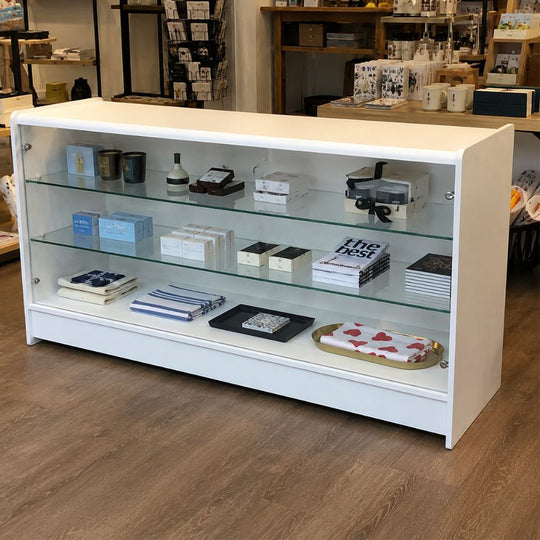 White Wooden Lockable Glass Retail Counter with 2 Glass Shelves 900mm High x 1800mm Wide