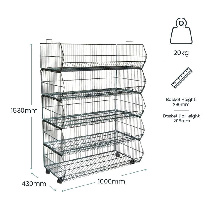 Dimension diagram: five-tier wire basket unit 1530mm tall, 1000mm wide, 430mm deep, each basket 290mm high with a 205mm front lip, 20kg empty weight.
