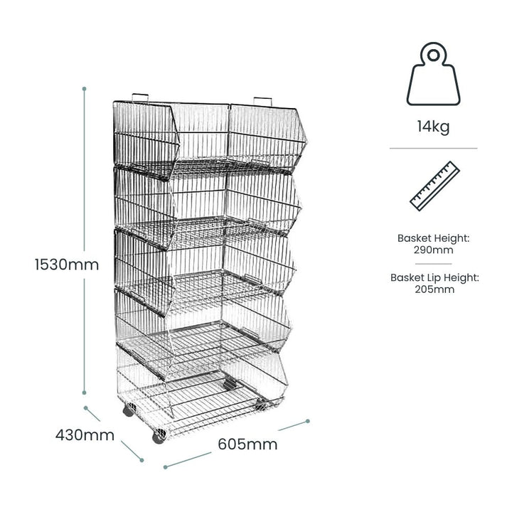 Dimension diagram: five-tier wire basket unit 1530mm tall, 605mm wide, 430mm deep, 14kg unit weight, each basket 290mm high with a 205mm lip.
