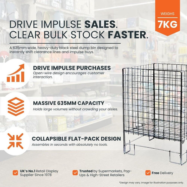 Feature panel: 635mm capacity, open-wire construction for customer interaction, collapsible flat-pack tool-free assembly, rust-resistant steel, 7kg.

