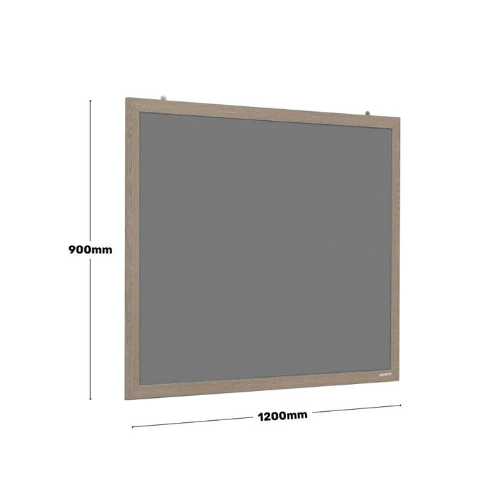 1200mm x 900mm grey fabric noticeboard with a light wood frame, shown wall-mounted with dimensions marked.

