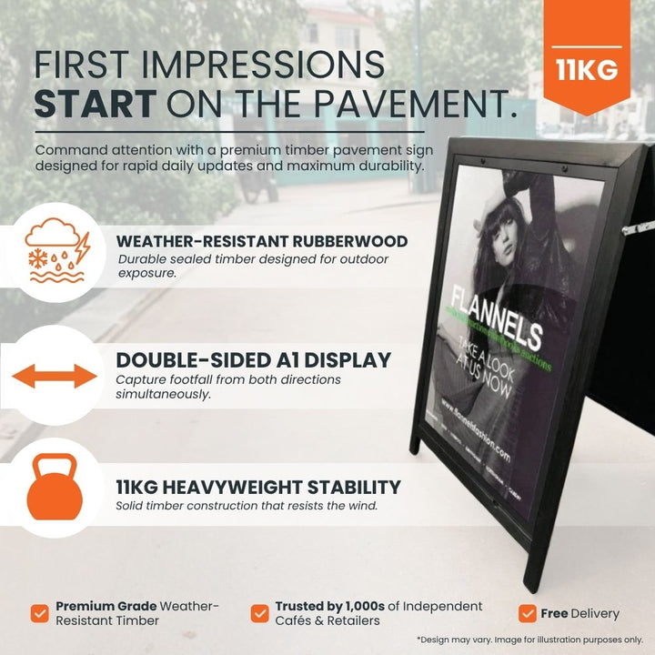 Feature panel for a black rubberwood A1 A-board: sealed timber for weather resistance, double-sided A1 display and 11kg stability for outdoor pavement use.
