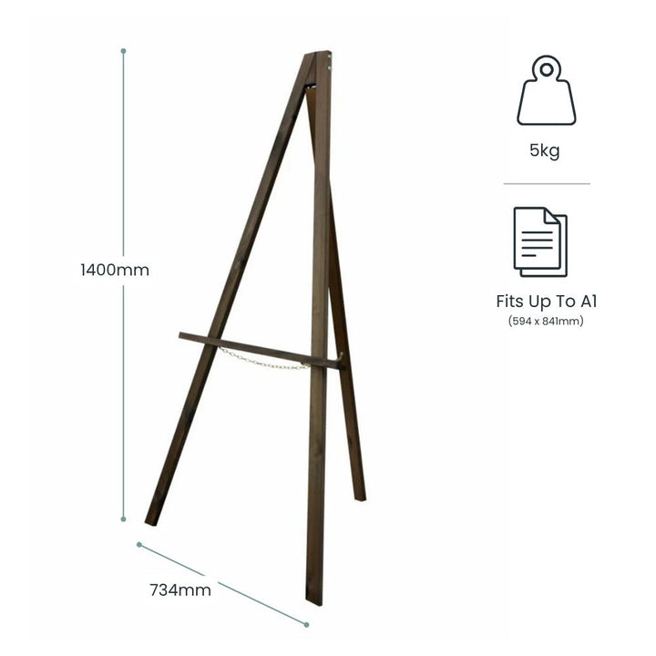 Wooden A-frame display easel stand with chain support, 1400mm height and 734mm width, suitable for signage or presentations.