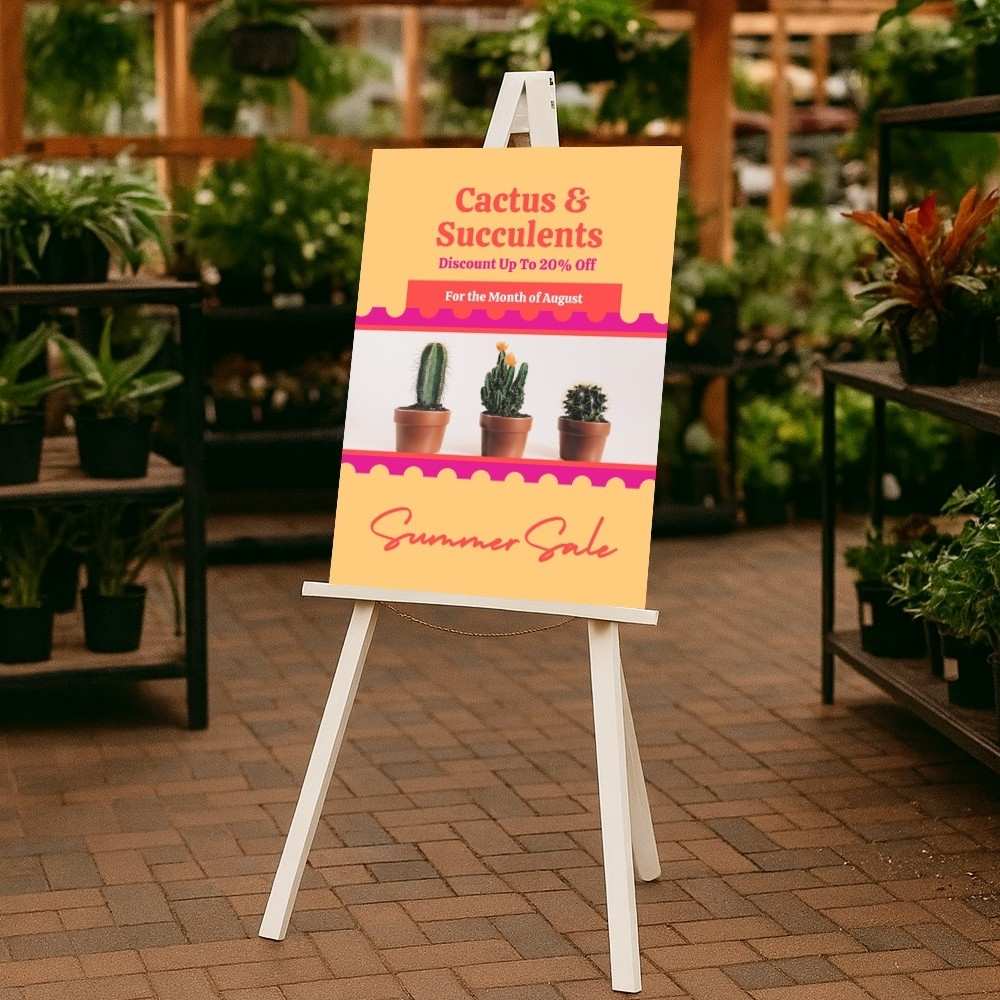 Natural wooden A-frame easel displayed on a paved pathway in a vibrant garden centre, surrounded by potted flowers and hanging baskets.


