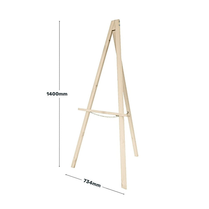 Plain wooden easel showing measurement dimensions of 1400mm tall and 734mm wide, suitable for signage or displays.