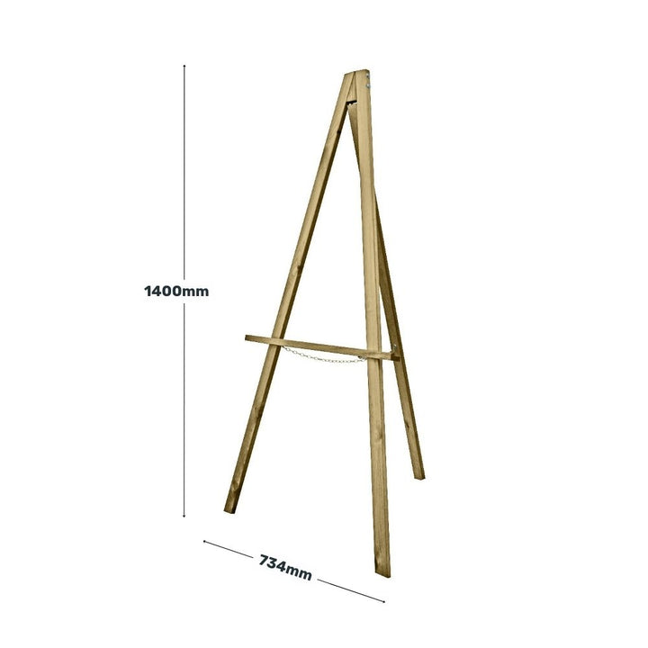 Wooden A-frame easel displayed with measurements showing 1400mm height and 734mm width, suitable for signage or decorative use.
