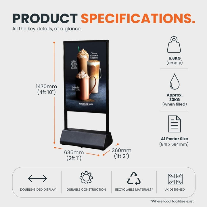 WTA1B 1470mm tall double-sided A1 waterbase pavement sign with dimensions and weight specifications