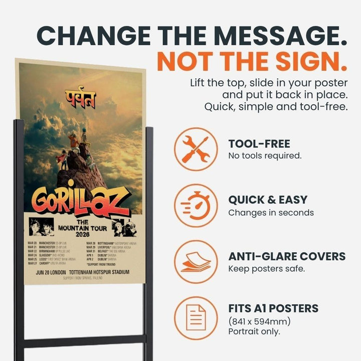 Black A1 waterbase pavement sign showing the tool-free lift-off top for quick poster changes