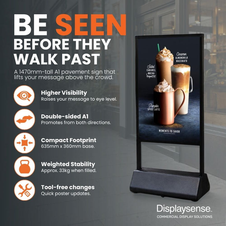 1470mm tall WTA1B A1 pavement sign designed to display advertising higher at eye level
