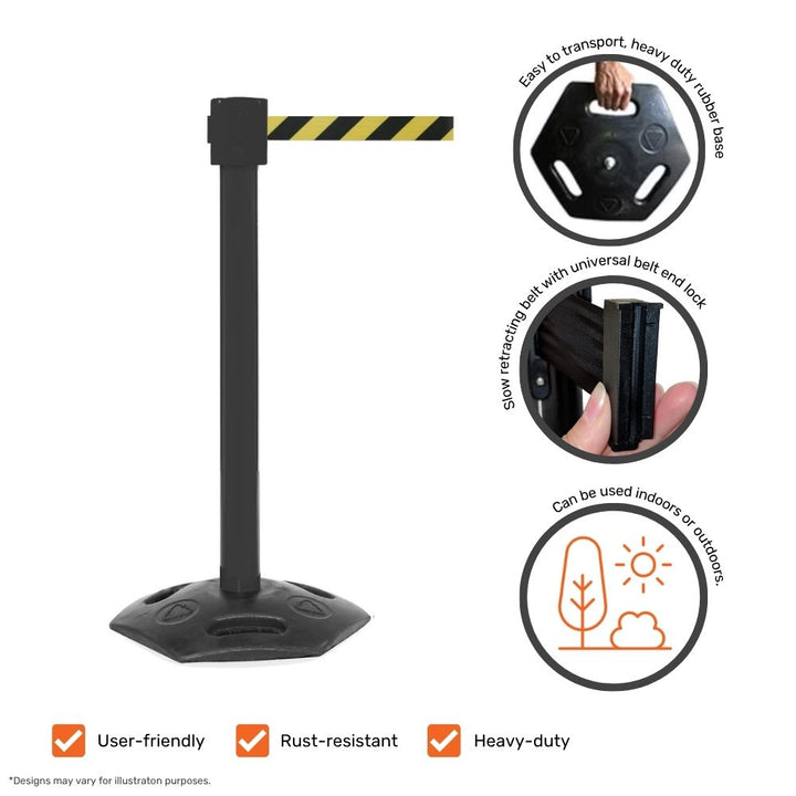 Black post barrier with yellow and black striped belt, highlighting features like heavy-duty rubber base, universal belt lock, and outdoor usability.