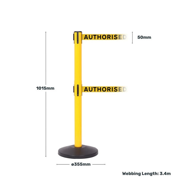 Yellow retractable barrier post with “Authorised Access Only” belts showing measurements of height, belt width, base diameter, and webbing length.