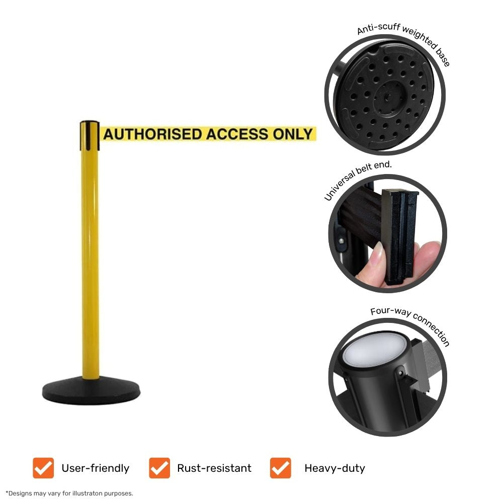 Yellow barrier post with "Authorised Access Only" belt, showing anti-scuff base, universal belt end, and four-way connection, highlighting durability features.

