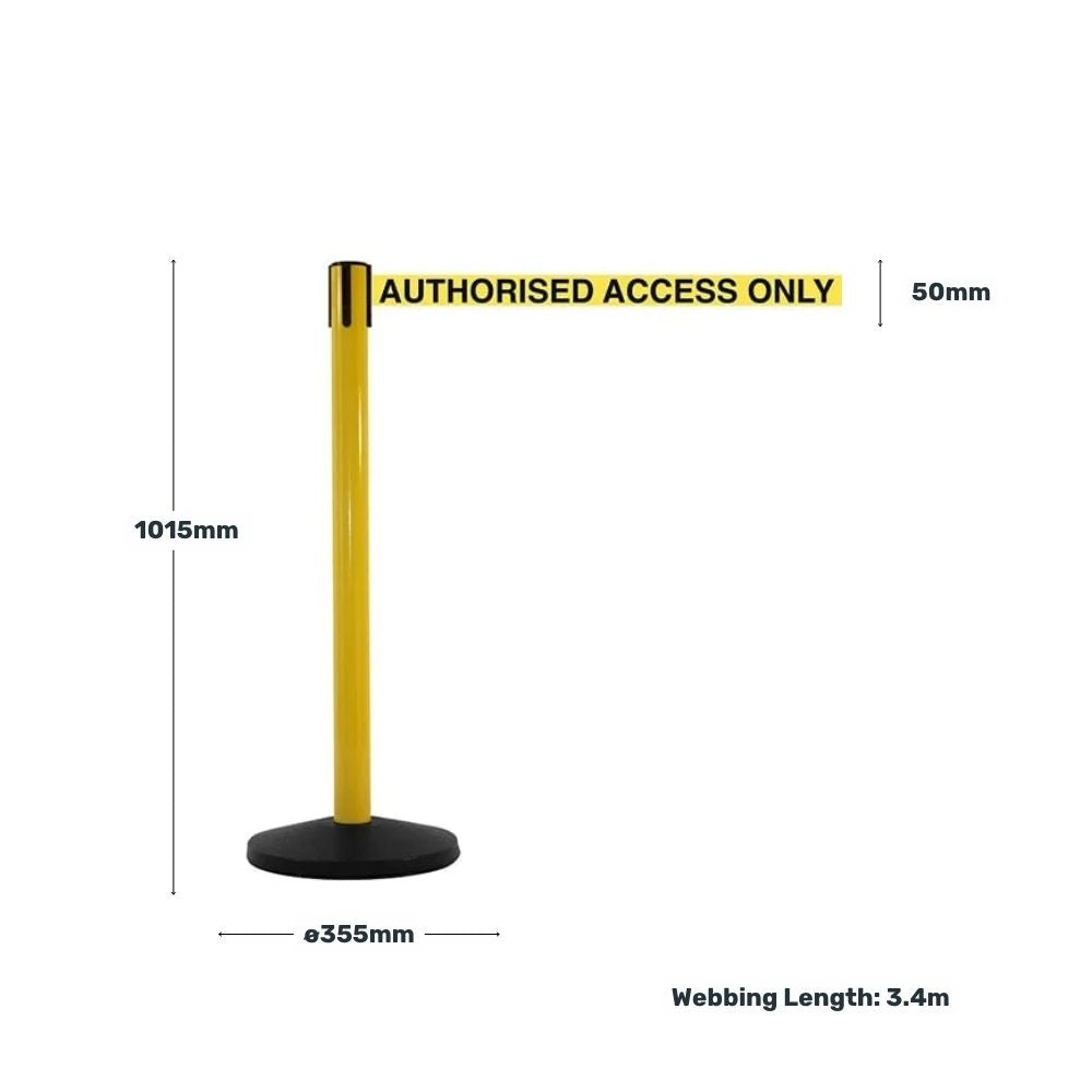 Yellow barrier post with measurement indicators, including 1015mm height, 355mm base diameter, and 3.4 metre long "Authorised Access Only" webbing.

