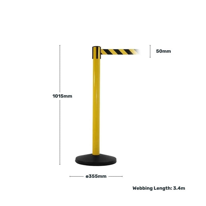 Yellow post with black base and striped black-and-yellow belt, shown with 1015mm height, 355mm base diameter, and 3.4 metre webbing length, suitable for industrial safety use.

