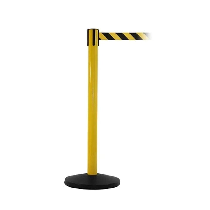 Yellow barrier post with black base and diagonal black-and-yellow safety webbing, commonly used for hazard or restricted access warnings.



