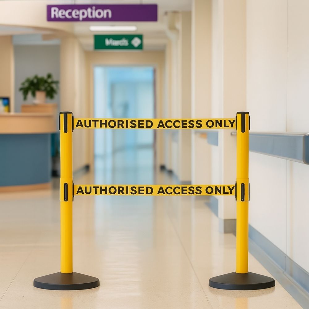 Yellow retractable barrier with black “Authorised Access Only” belts placed in a hospital corridor.