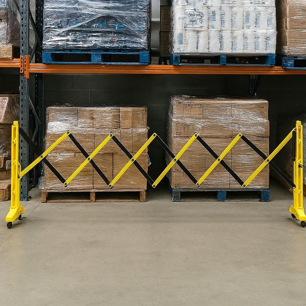 Yellow and black expandable safety barrier with wheels positioned in front of stacked pallets in a warehouse.
