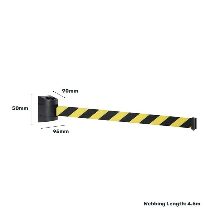Diagram showing dimensions of a yellow and black retractable wall barrier, with 4.6-metre webbing length and 50mm width.