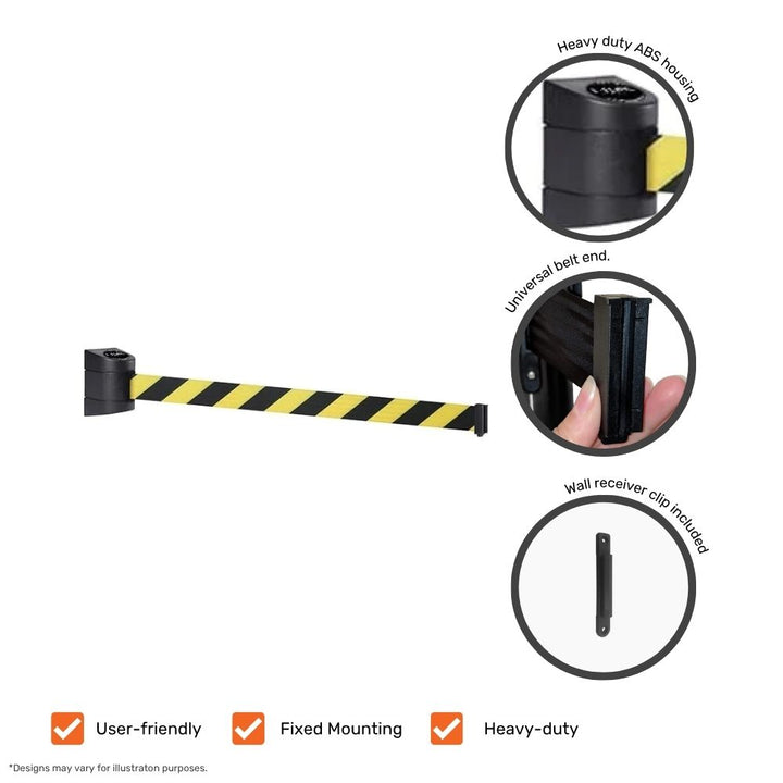 Wall-mounted retractable safety barrier with labelled features, including heavy-duty ABS housing, universal belt end, and wall receiver clip.