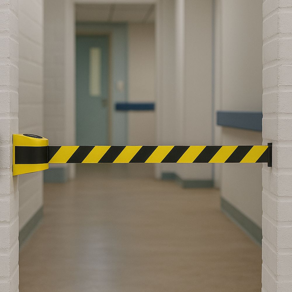 Yellow and black retractable safety barrier mounted between two walls in a corridor to restrict access.