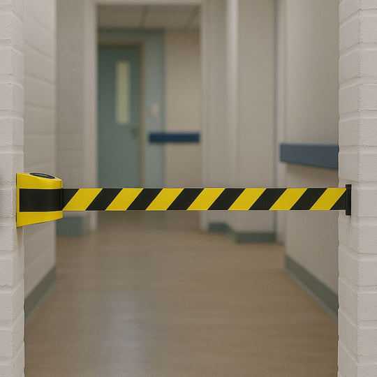 Yellow Wall Mounted Retractable Barrier - 4.6m Yellow-Black Belt