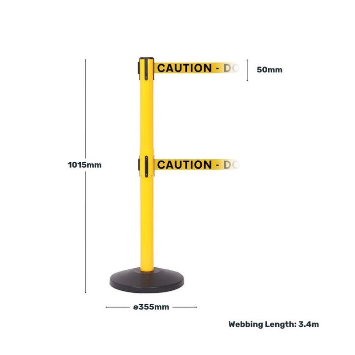 Yellow retractable barrier with "Caution - Do Not Enter" belts displaying measurements of height, belt width, base diameter, and webbing length.