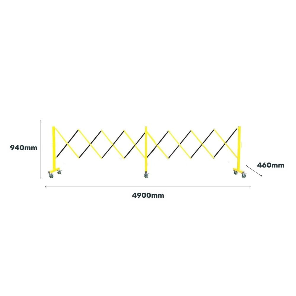 Diagram of yellow and black expandable barrier showing 940mm height, 4900mm length, and 460mm depth.
