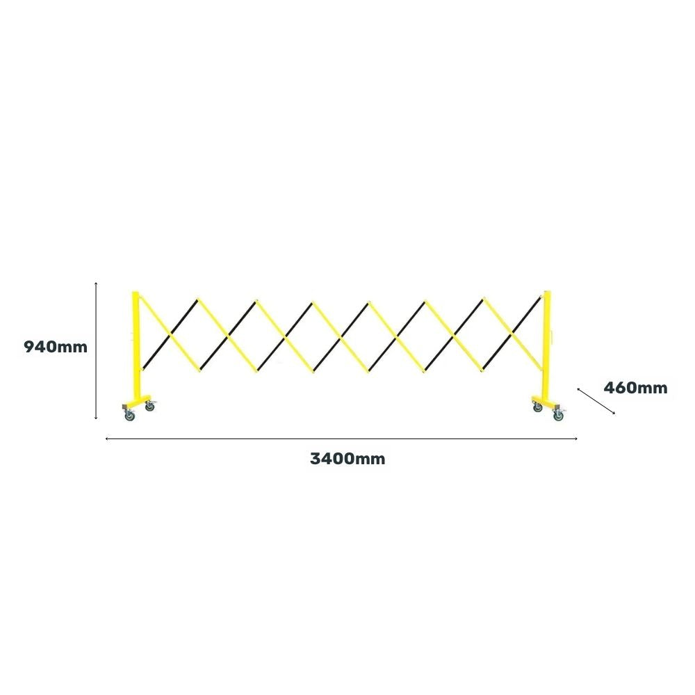 Measurement diagram of a yellow and black expandable safety barrier showing 940mm height, 3400mm length, and 460mm depth.