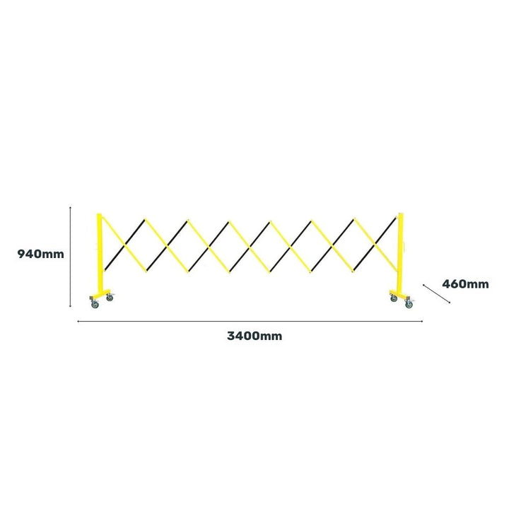 Measurement diagram of a yellow and black expandable safety barrier showing 940mm height, 3400mm length, and 460mm depth.