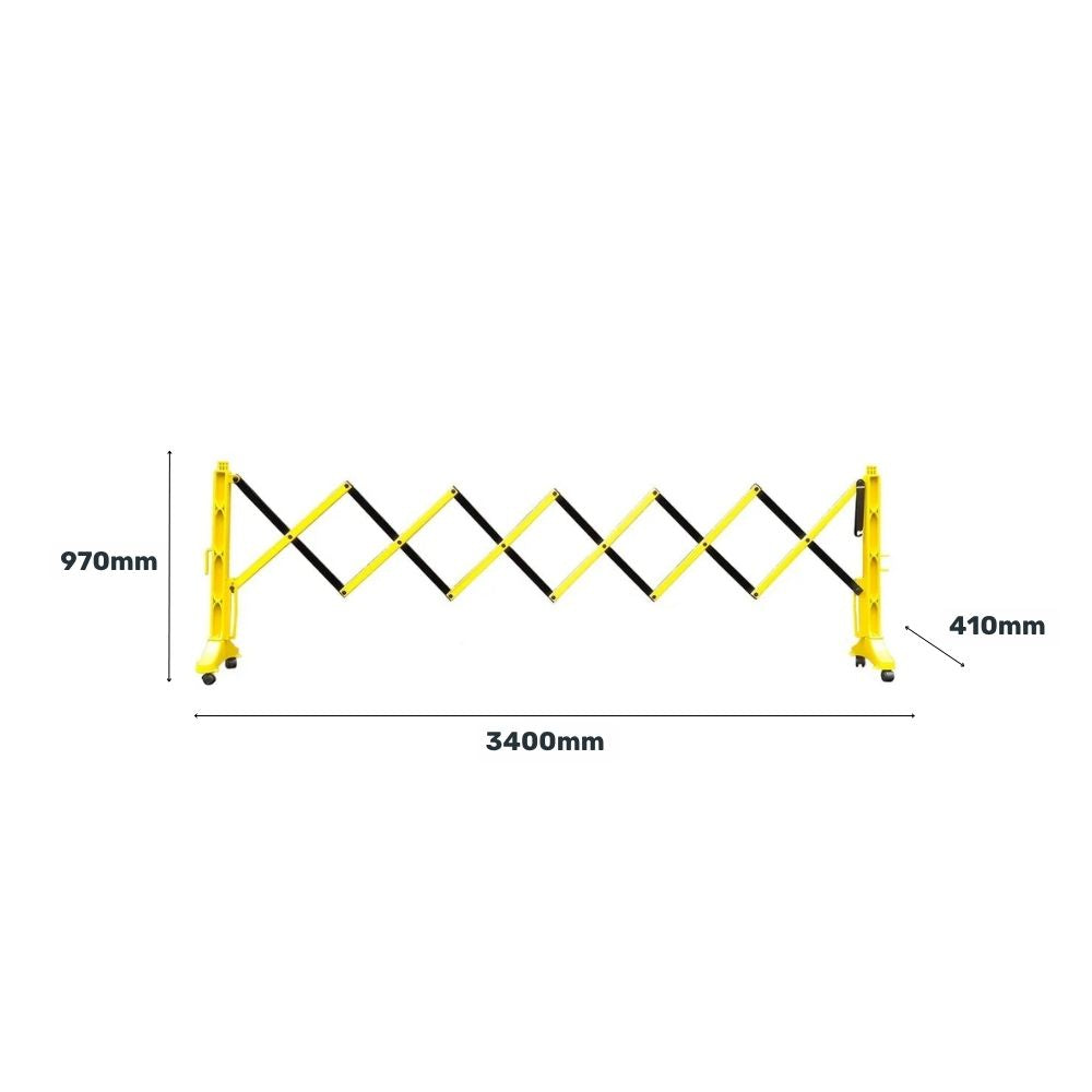 Measurement diagram of a yellow and black expandable barrier showing 970mm height, 3400mm length, and 410mm depth.