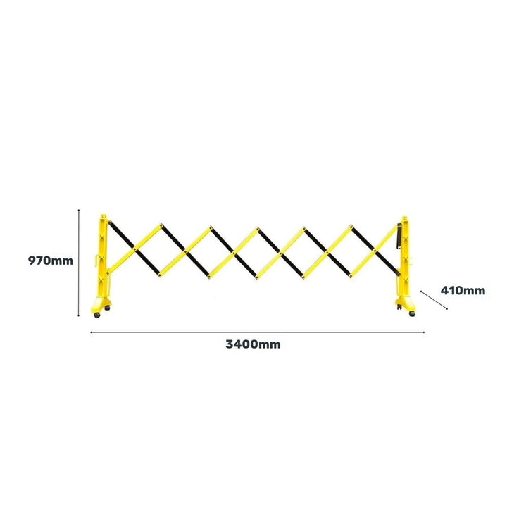 Measurement diagram of a yellow and black expandable barrier showing 970mm height, 3400mm length, and 410mm depth.