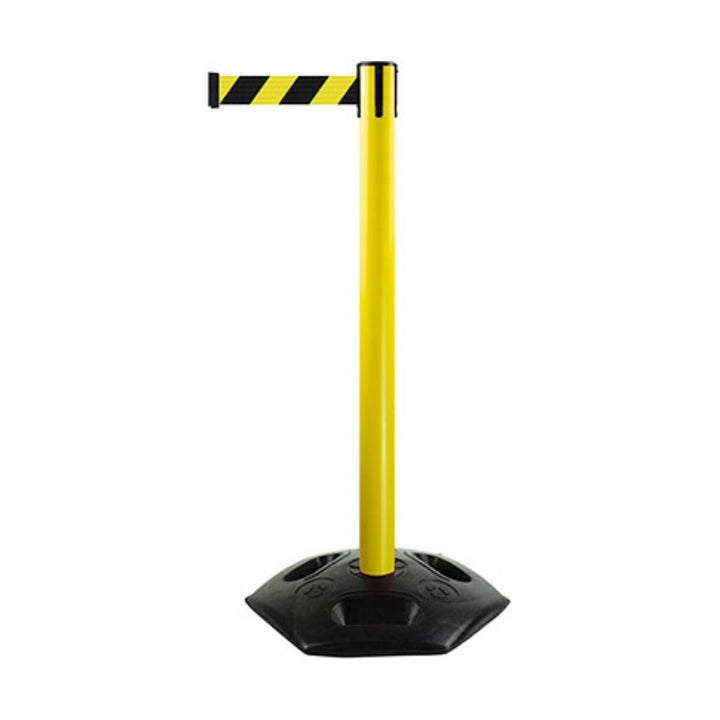 Yellow freestanding barrier post with integrated black and yellow retractable safety belt—suitable for indoor or outdoor industrial safety and crowd control.


