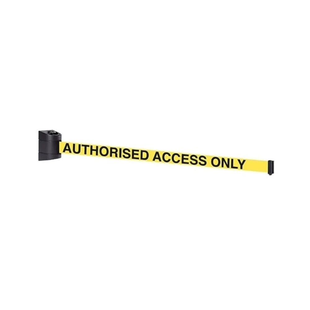 Yellow retractable wall barrier with "Authorised Access Only" text on a white background.