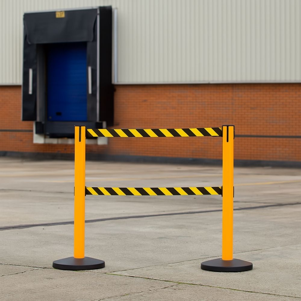 Yellow retractable safety barrier with black and yellow striped belts placed outside a warehouse loading bay.