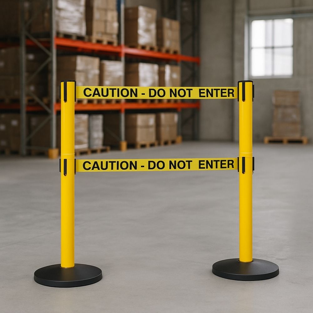 Yellow retractable safety barrier with black text reading "Caution - Do Not Enter" placed inside a warehouse.