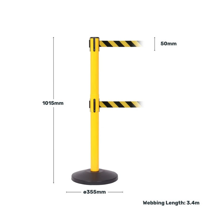 Yellow retractable barrier post with black and yellow striped belts displaying height, belt width, base diameter, and webbing length.