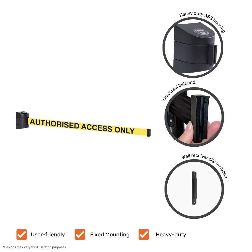 Yellow retractable wall barrier displaying key features including heavy-duty ABS housing and universal belt end.