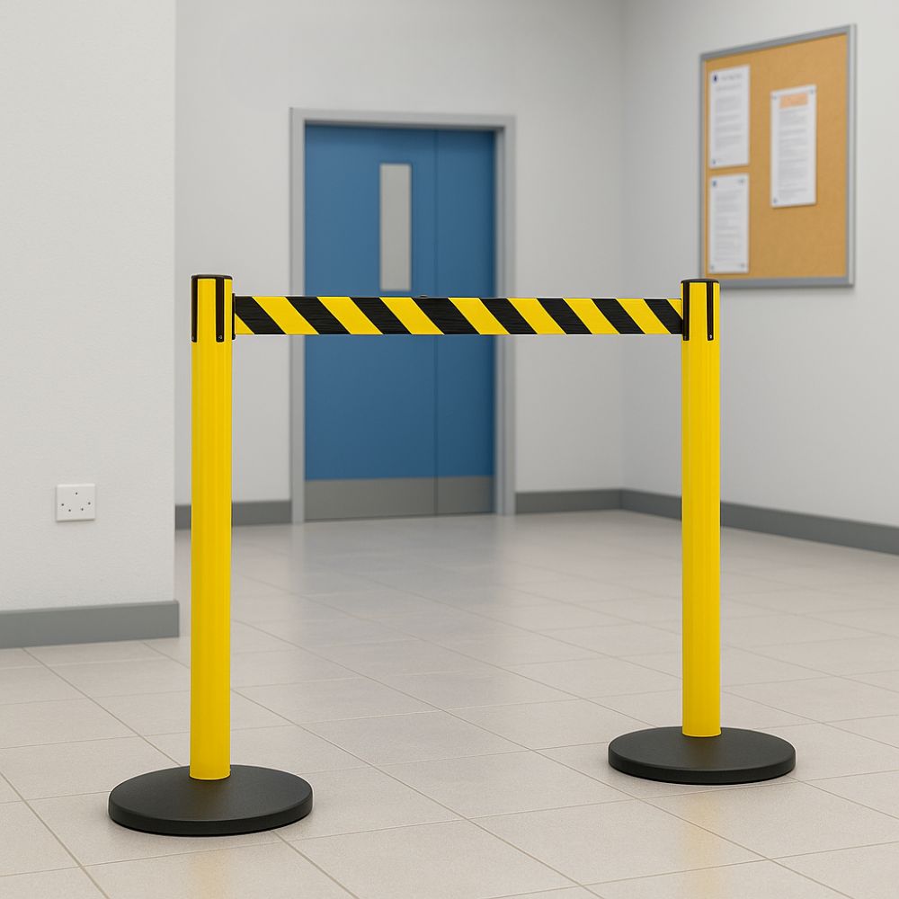 Yellow safety barrier posts with black bases and a black-and-yellow striped retractable belt, positioned in an indoor hallway for restricted access.