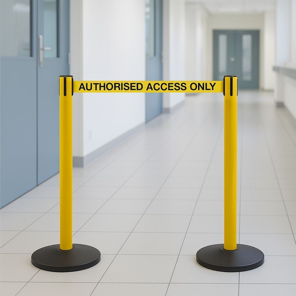 Yellow safety barrier with black base and bold black "Authorised Access Only" webbing belt, positioned in a secure indoor corridor environment.

