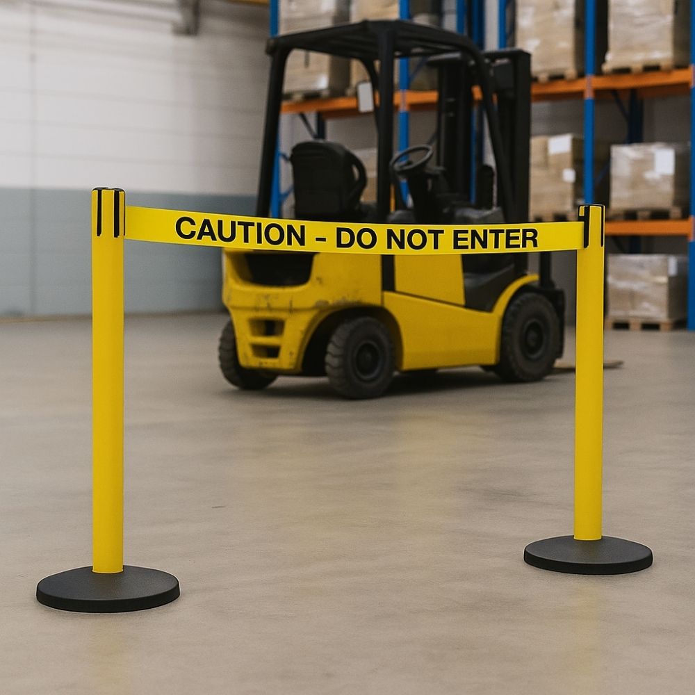 Yellow safety barrier with black base and bold “Caution – Do Not Enter” webbing, positioned in front of a yellow forklift inside a warehouse environment.

