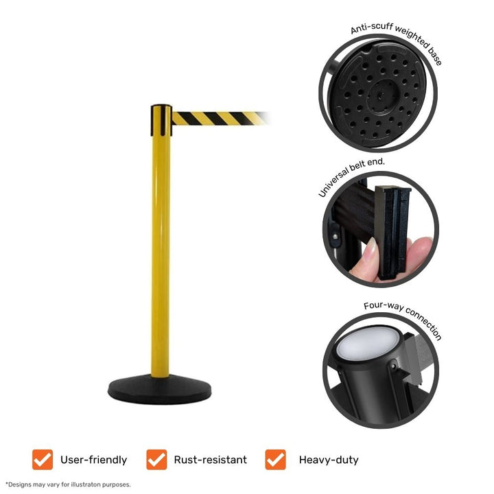 Yellow safety barrier post with black-and-yellow belt, featuring anti-scuff weighted base, universal belt end, and four-way connection for enhanced utility and safety.

